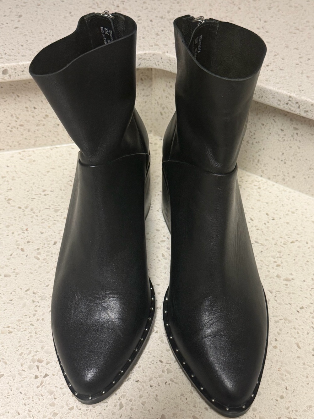 Others Follow Black Pointed Leather Ankle Boots with Stud Trim